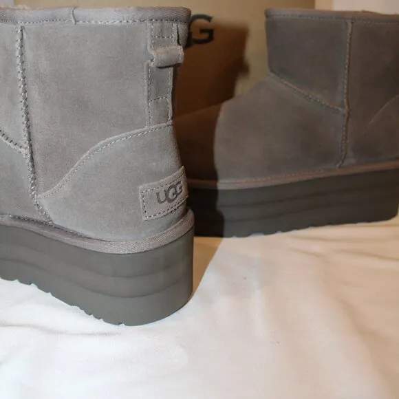 NIB‎ UGG WOMEN'S PLATFORM MINI SUEDE SHEARLING LINED ANKLE BOOTS GRAY