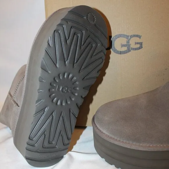 NIB‎ UGG WOMEN'S PLATFORM MINI SUEDE SHEARLING LINED ANKLE BOOTS GRAY