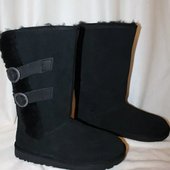 NIB‎ UGG WOMEN'S TALL MOTO  SUEDE SPILL SEAM SHEARLING BUCKLE BOOTS BLACK