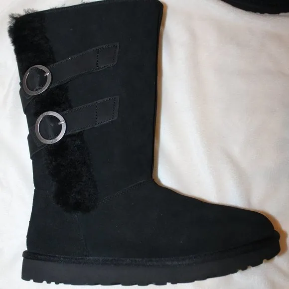 NIB‎ UGG WOMEN'S TALL MOTO  SUEDE SPILL SEAM SHEARLING BUCKLE BOOTS BLACK