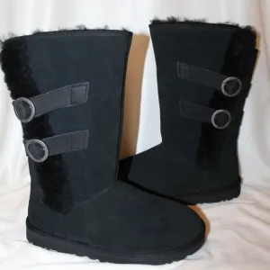 NIB‎ UGG WOMEN'S TALL MOTO  SUEDE SPILL SEAM SHEARLING BUCKLE BOOTS BLACK