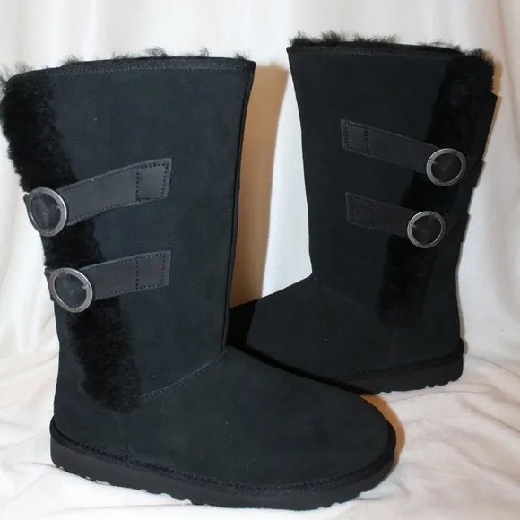 NIB‎ UGG WOMEN'S TALL MOTO  SUEDE SPILL SEAM SHEARLING BUCKLE BOOTS BLACK