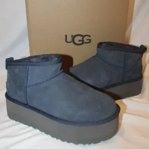NIB UGG WOMEN'S ULTRA‎ MINI PLATFORM SUEDE SHEARLING LINED ANKLE BOOTS NAVY BLUE