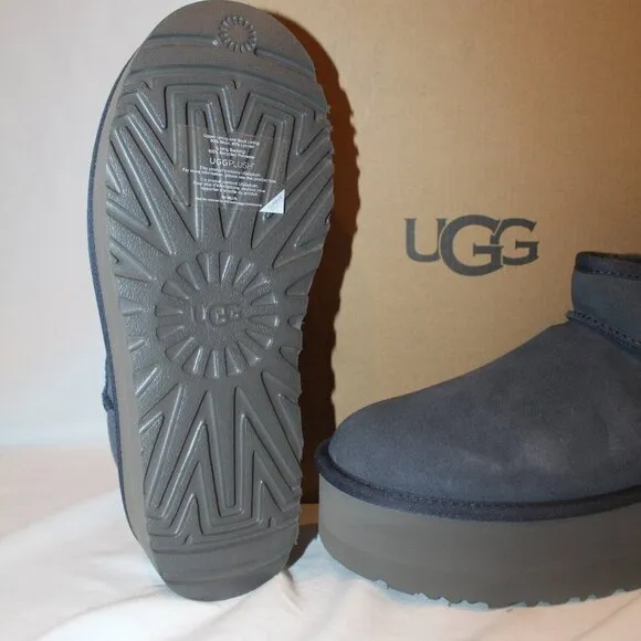 NIB UGG WOMEN'S ULTRA‎ MINI PLATFORM SUEDE SHEARLING LINED ANKLE BOOTS NAVY BLUE