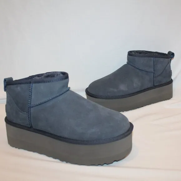 NIB UGG WOMEN'S ULTRA‎ MINI PLATFORM SUEDE SHEARLING LINED ANKLE BOOTS NAVY BLUE
