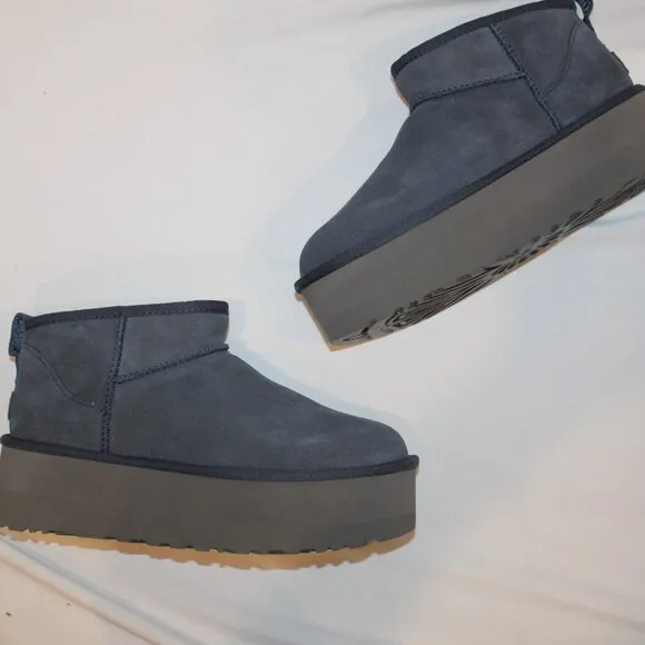 NIB UGG WOMEN'S ULTRA‎ MINI PLATFORM SUEDE SHEARLING LINED ANKLE BOOTS NAVY BLUE