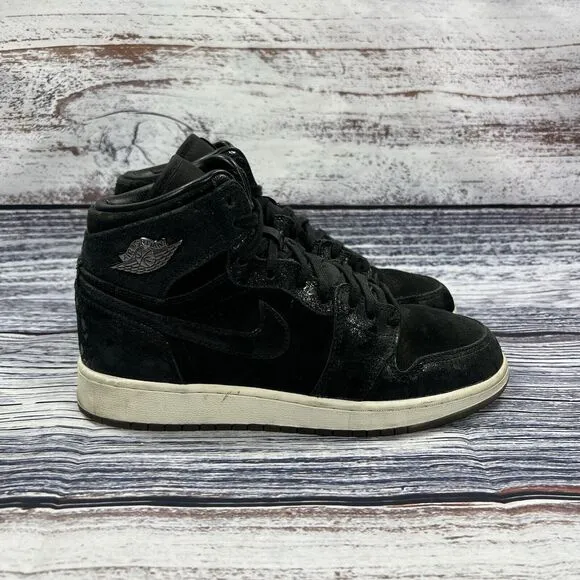 Nike Air Jordan 1 Retro High OG Heiress Black Suede Sneakers, Youth Size 5.5