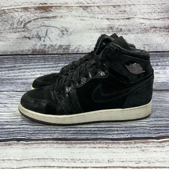 Nike Air Jordan 1 Retro High OG Heiress Black Suede Sneakers, Youth Size 5.5