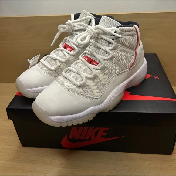 Nike Air Jordan 11 Retro GS Platinum Tint White Red Black 378038-016 Size 6Y