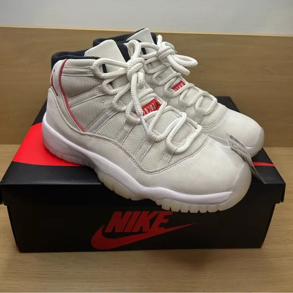 Nike Air Jordan 11 Retro GS Platinum Tint White Red Black 378038-016 Size 6Y