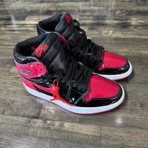 Nike Boys  Air Jordan 1 Retro High OG GS Patent Bred Red Black Sneakers Size 5 G