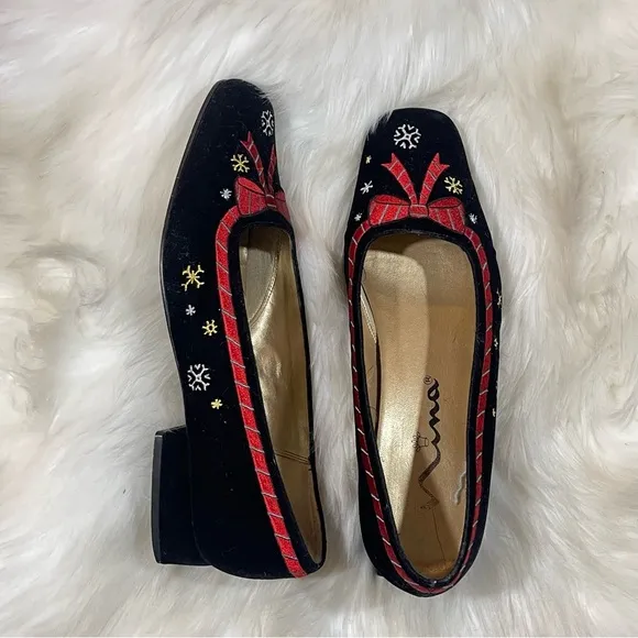 NINA Black Velvet Embroidered Flats