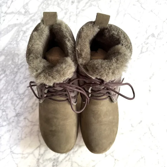 No.6 Lander Lace Up Shearling Clog Boot Nubuck Leather Olive Green Gray Size 39