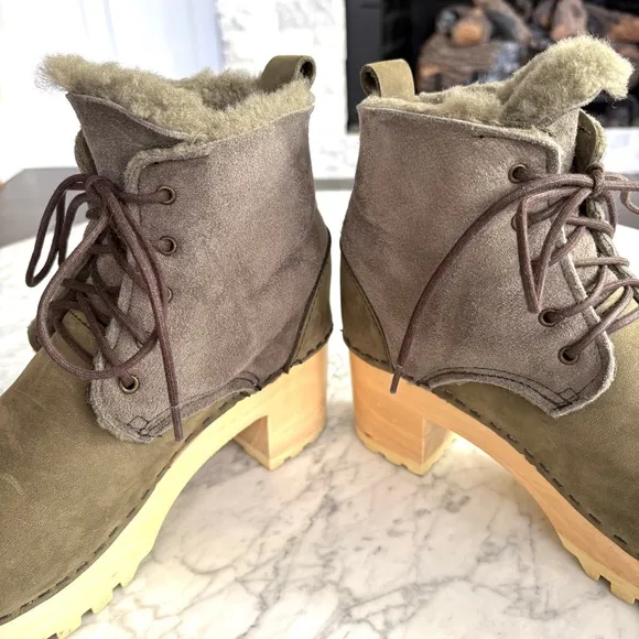 No.6 Lander Lace Up Shearling Clog Boot Nubuck Leather Olive Green Gray Size 39