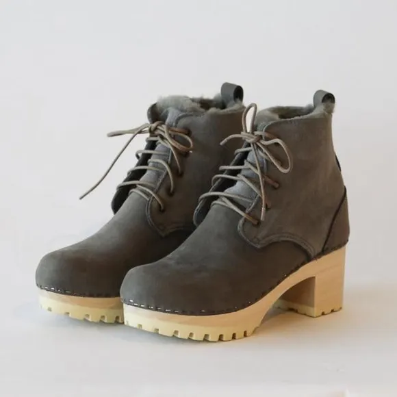 No.6 Lander Lace Up Shearling Clog Boot Nubuck Leather Olive Green Gray Size 39