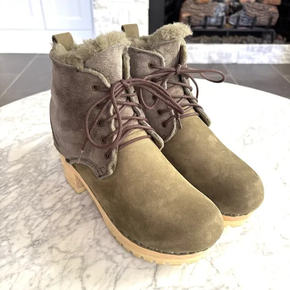 No.6 Lander Lace Up Shearling Clog Boot Nubuck Leather Olive Green Gray Size 39