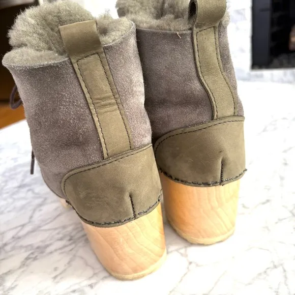 No.6 Lander Lace Up Shearling Clog Boot Nubuck Leather Olive Green Gray Size 39