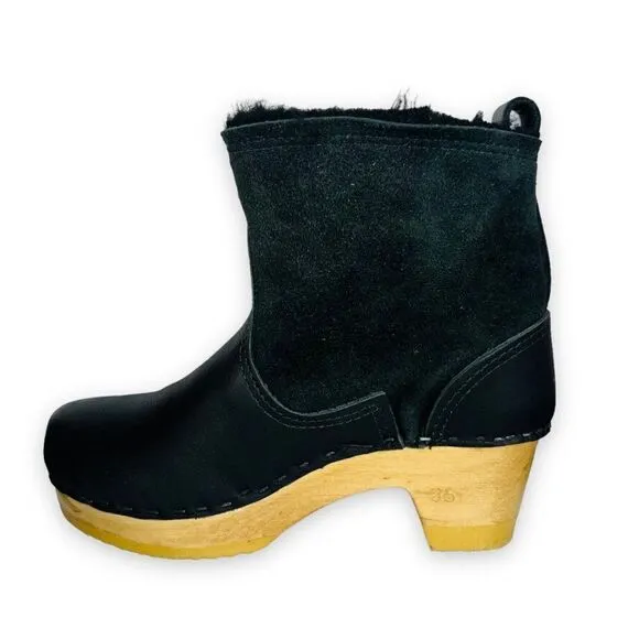 No. 6 Pull-on Shearling Wood Clog Boots on Mid Heel Black Suede Women's 5-5.5