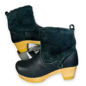 No. 6 Pull-on Shearling Wood Clog Boots on Mid Heel Black Suede Women's 5-5.5