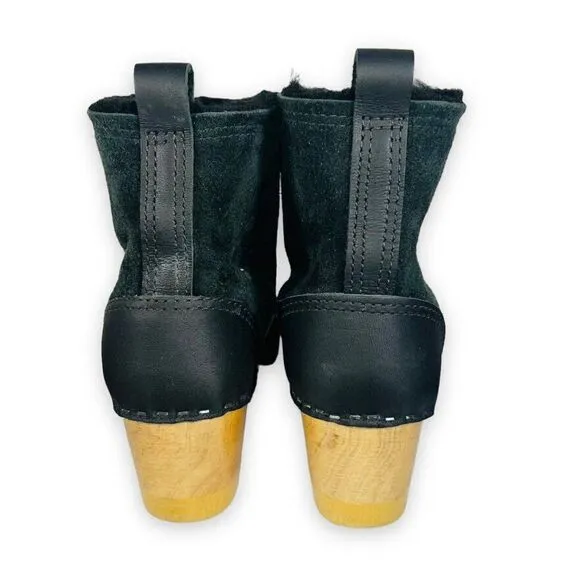 No. 6 Pull-on Shearling Wood Clog Boots on Mid Heel Black Suede Women's 5-5.5