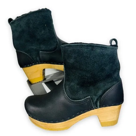 No. 6 Pull-on Shearling Wood Clog Boots on Mid Heel Black Suede Women's 5-5.5