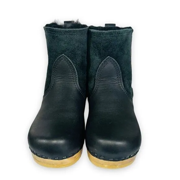 No. 6 Pull-on Shearling Wood Clog Boots on Mid Heel Black Suede Women's 5-5.5