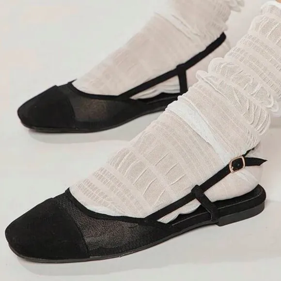 Nude / black faux suede &amp; mesh slingback adjustable rounded square toe flats