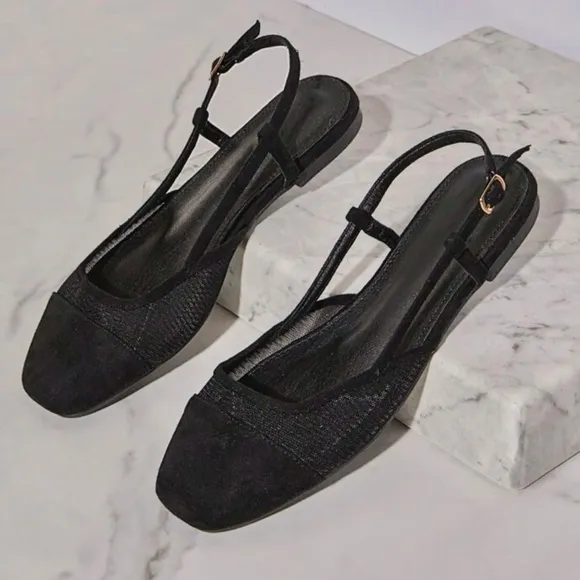Nude / black faux suede &amp; mesh slingback adjustable rounded square toe flats