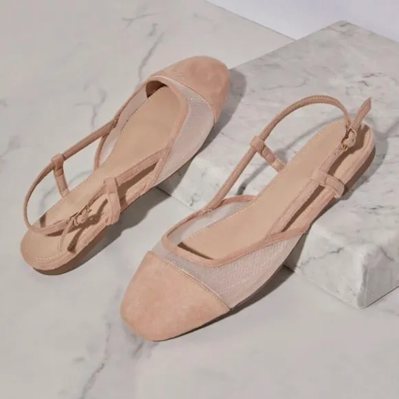 Nude / black faux suede &amp; mesh slingback adjustable rounded square toe flats