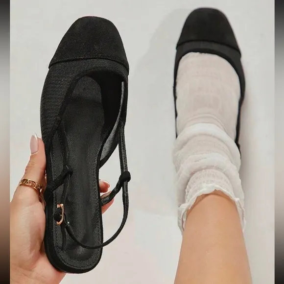 Nude / black faux suede &amp; mesh slingback adjustable rounded square toe flats