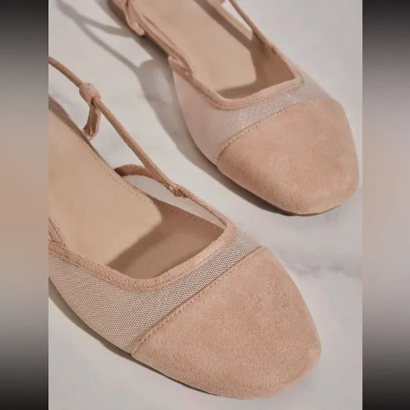 Nude / black faux suede &amp; mesh slingback adjustable rounded square toe flats