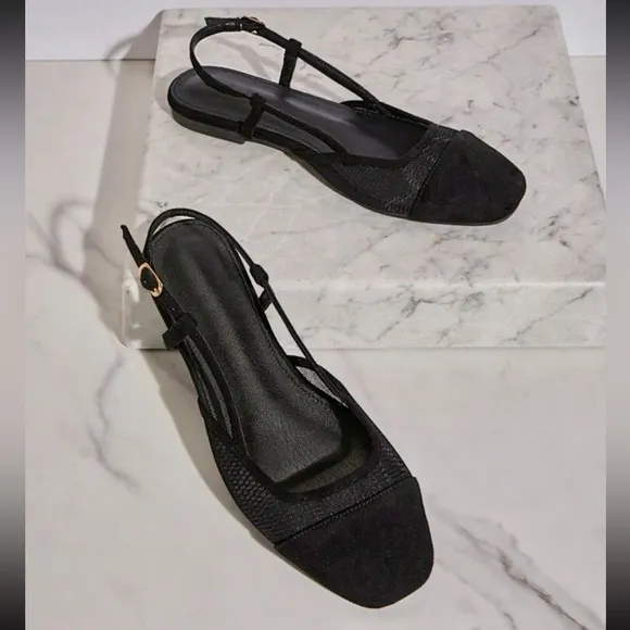 Nude / black faux suede &amp; mesh slingback adjustable rounded square toe flats
