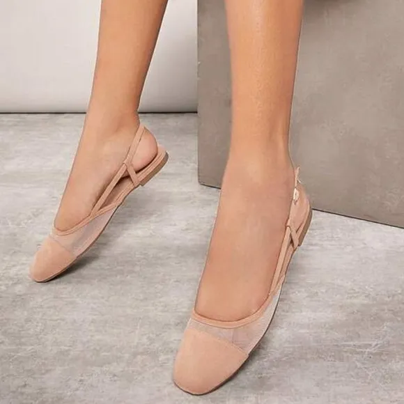 Nude / black faux suede &amp; mesh slingback adjustable rounded square toe flats