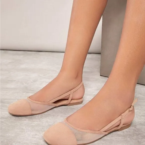 Nude / black faux suede &amp; mesh slingback adjustable rounded square toe flats