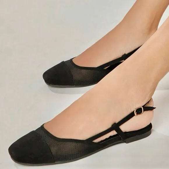 Nude / black faux suede &amp; mesh slingback adjustable rounded square toe flats