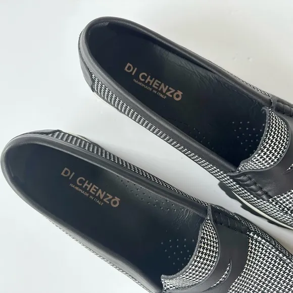 NWOB Di Chenzo Micro Houndstooth Black &amp; White Loafers 41 Made in Italy