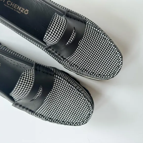 NWOB Di Chenzo Micro Houndstooth Black &amp; White Loafers 41 Made in Italy