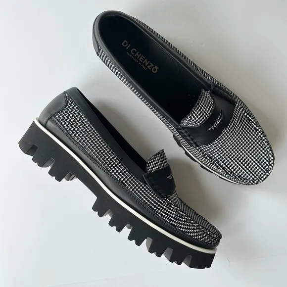 NWOB Di Chenzo Micro Houndstooth Black &amp; White Loafers 41 Made in Italy