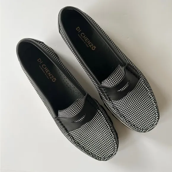 NWOB Di Chenzo Micro Houndstooth Black &amp; White Loafers 41 Made in Italy