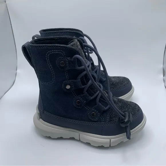 NWOB Sorel Kids Explorer Cozy toddler blue &amp; grey snow boots size 8 NEW 1083