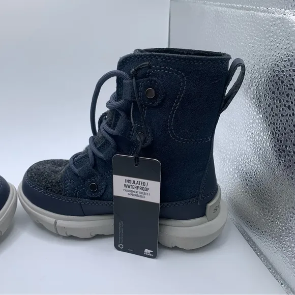 NWOB Sorel Kids Explorer Cozy toddler blue &amp; grey snow boots size 8 NEW 1083