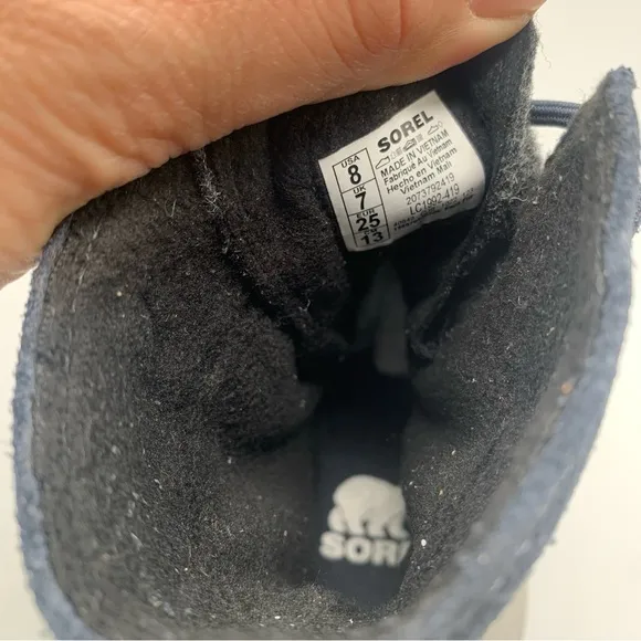 NWOB Sorel Kids Explorer Cozy toddler blue &amp; grey snow boots size 8 NEW 1083