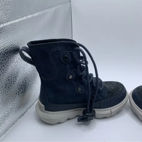 NWOB Sorel Kids Explorer Cozy toddler blue &amp; grey snow boots size 8 NEW 1083