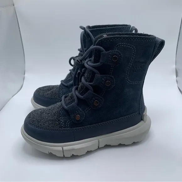 NWOB Sorel Kids Explorer Cozy toddler blue &amp; grey snow boots size 8 NEW 1083