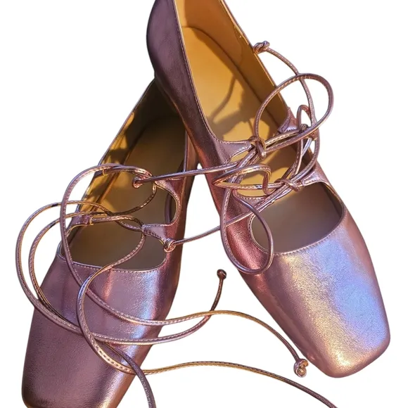 NWOT | Elegant Square Toe Pink Metallic Ballet Flats | Ribbon Laces | Size 45 EU