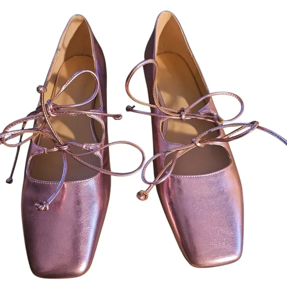 NWOT | Elegant Square Toe Pink Metallic Ballet Flats | Ribbon Laces | Size 45 EU
