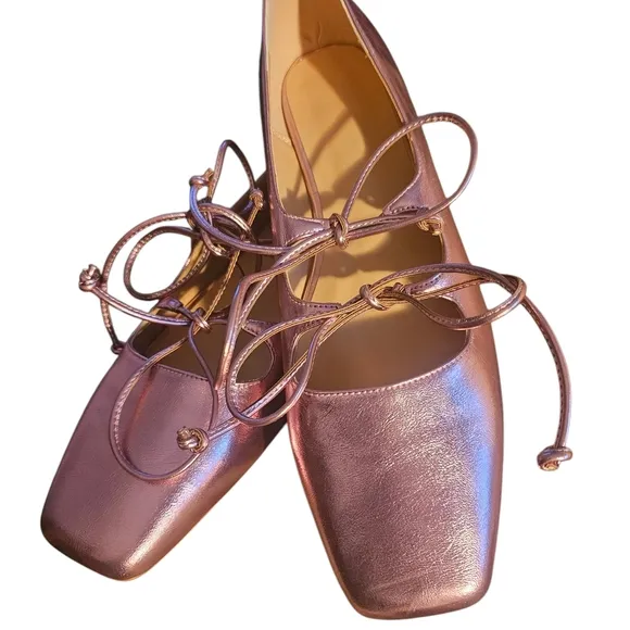 NWOT | Elegant Square Toe Pink Metallic Ballet Flats | Ribbon Laces | Size 45 EU