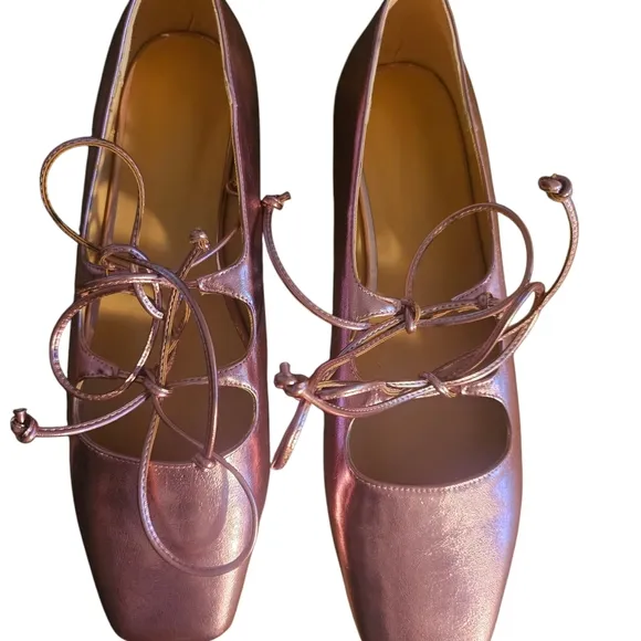NWOT | Elegant Square Toe Pink Metallic Ballet Flats | Ribbon Laces | Size 45 EU