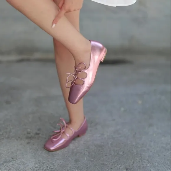 NWOT | Elegant Square Toe Pink Metallic Ballet Flats | Ribbon Laces | Size 45 EU