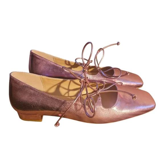 NWOT | Elegant Square Toe Pink Metallic Ballet Flats | Ribbon Laces | Size 45 EU